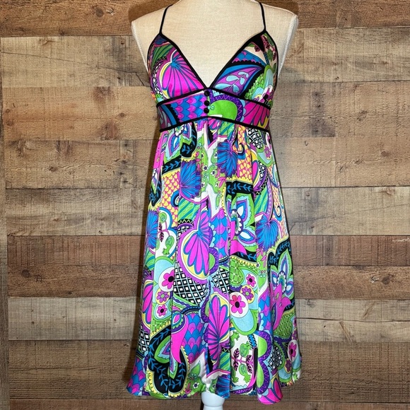 🌻 Boston Proper Silk Dress sz Small Y2K Abstract Psychedelic Retro Bright Party - Picture 1 of 10